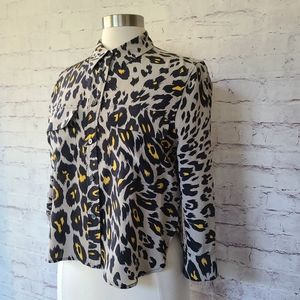 Equipment Femme Silk Cropped 3/4 Sleeve Leopard Print Button Front Top XS